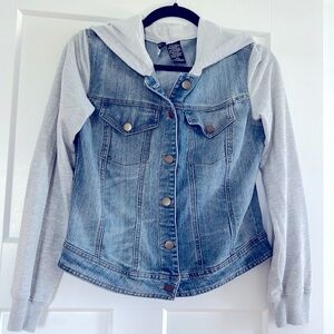 Size Large 11-13. Denim jacket with sweatshirt arms and hood